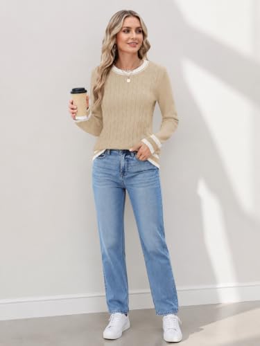 Image of Rapbin Women's Contrast Trim Knit Sweater Long Sleeve Crew Neck Pullover | Color Block Soft Lightweight Regual fit,Business Casual Work,Fashion Versatile Fall Spring Outfits,Winter Layer Clothing