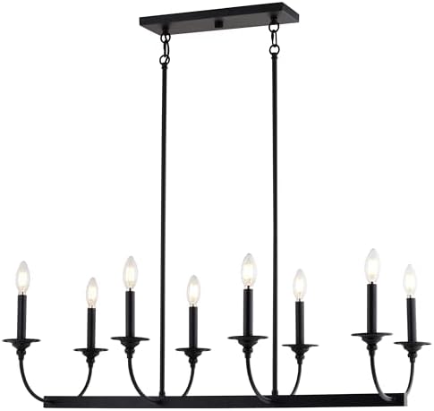 VAXCEL Durham 8-Light 36 in. Wide Matte Black Transitional Candle Kitchen Island Pendant Fixture, LED Compatible, Adjustable Height, Hanging Ceiling Linear Chandelier for Dining Table, Entryway, Foyer