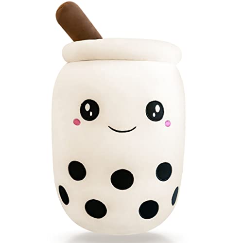 GRTLPOK Kawaii Boba Peluche Oreiller 35 CM Doux Jouets en Peluche Dessin animé Coussin Super Doux Dormir étreinte Oreiller Cadeaux d'anniversaire pour Les Filles (3. White, 1. Open Eyes) Cover