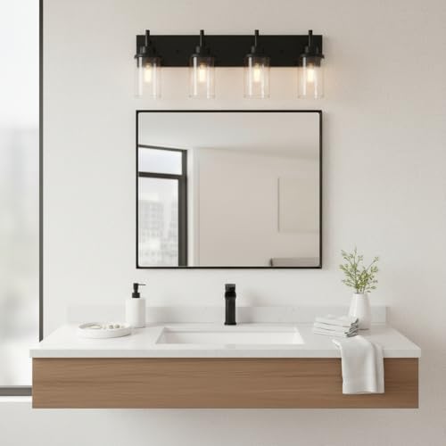 Image of Vanity Light Fixtures, Matte Black Bathroom Light Fixtures Over Mirror, Modern Wall Sconces Lamp with Clear Glass Shade (4 Light)