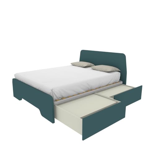 MOBILFINO CAMERETTE Cama de matrimonio 160 x 200 con cabeceros moldeados y cajones – Verde petróleo, derecha