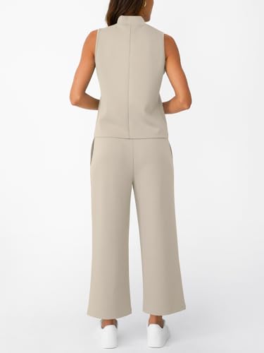 Image of AUTOMET Womens 2 Piece Mock Neck Matching Summer Tracksuit Set Sleeveless Tank Top Wide Leg Crop Pant Sets