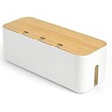 Osrioal Cable Tidy Box, Large Cable Management Box, Cable Organiser Box with Bamboo Lid, Reusable 8 pcs Straps for Hiding Messy Cables Wire Management 14.2"x 5.1"x 5.1"（White）