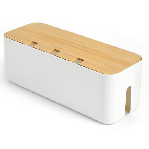 Osrioal Cable Tidy Box, Large Cable Management Box, Cable Organiser Box with Bamboo Lid, Reusable 8 pcs Straps for Hiding Messy Cables Wire Management 14.2"x 5.1"x 5.1"（White）