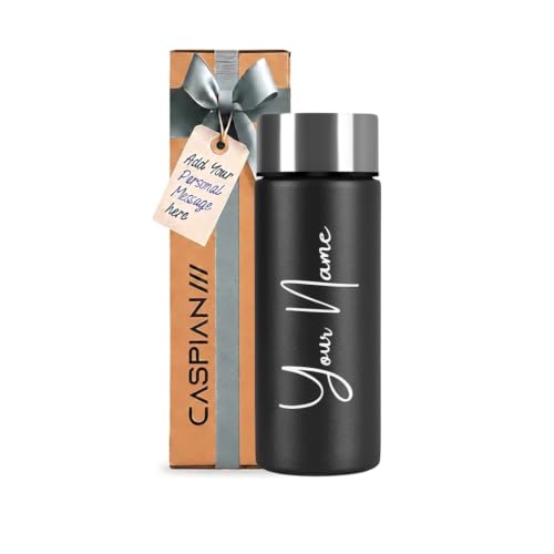 Image of Caspian H2O Customised Stainless Steel Water Bottle 500ml,Black with Logo Print - Personalised Water Bottle with Your Name Print for Kids Boys Girls School Office Gym- Perfect for Corporate Gifting
