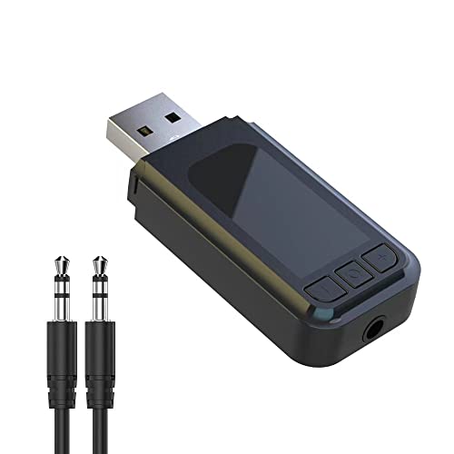 USB Bluetooth 5.0 Wireless Adapter, Wireless Audio Transmitter Receiver with 3.5mm Aux Cable Hands Free Car Kit Car Adapter for Car Aux, Home Stereo, Headphones, PC, TV and More
