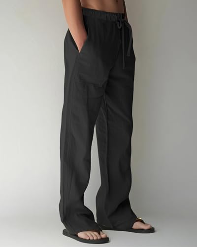 Men's Casual Cotton Linen Pants Elastic Waist Drawstring Summer Beach Lightweight Loose Yoga Linen Trousers Pockets2