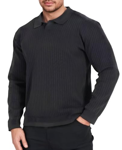 Mens Long Sleeve Knit Polo Shirt Lightweight Ribbed Polos Sweater Fall Winter Thermal Pullover Shirts with Collar