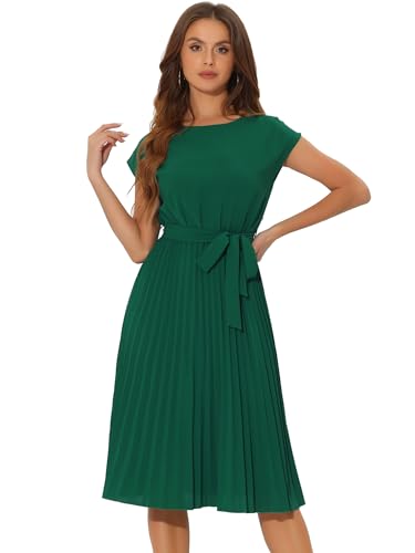 Allegra K Mujer Vestido Plisado Cuello Redondo Manga Casquillo Cintura con Lazo Vestidos De Una Línea Verde XL