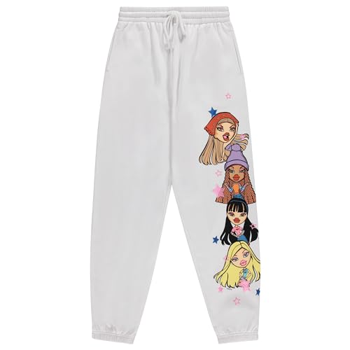 Bratz Ladies Original Dolls Joggers - Yasmin Cloe Jade and Sasha Varsity Athletic Jogger Sweatpants 1990s Vintage Throwback Multi Print Sweatpants (White Large)