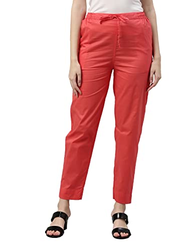 Image of GO COLORS Women Solid Medium Coral Mid Rise Cotton Pants - L