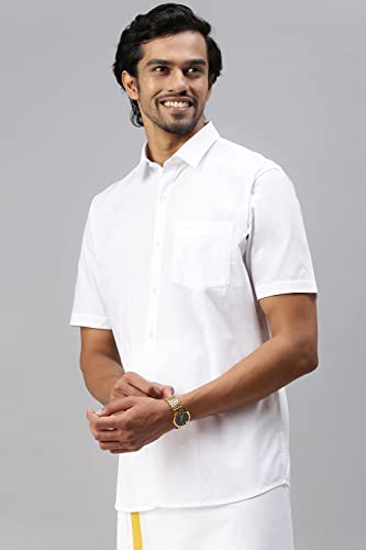 Image of RAMRAJ COTTON Men White Half Sleeve Shirt Crafted For Comfort| Durability| And Timeless Everyday Style
