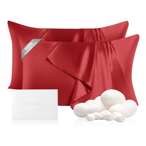Image of THXSILK Set of 2 100% Pure Mulberry Silk Pillowcases for Hair and Skin, 22 Momme Zipper Silk Pillow Case Standard Size, Real Silk Pillowcases with Zipper (Red, King 20 inchx36 inch)