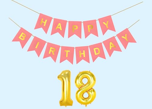 Image of 18th Happy Birthday Decoration Kit Light Pink for 18 year Old Boys Girls Teenage with Number Eighteen Party Decorations Decor Celebration Items Item Set Combo Reusable Paper Banner