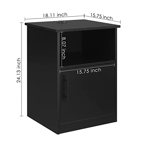 Primezone Modern Nightstand With 3 Usb Ports - Waterproof Bedside Table With Cabinet & Open Storage, End Side Table Furniture For Bedroom, 16" D X 18" W X 24" H, Black #TOP2
