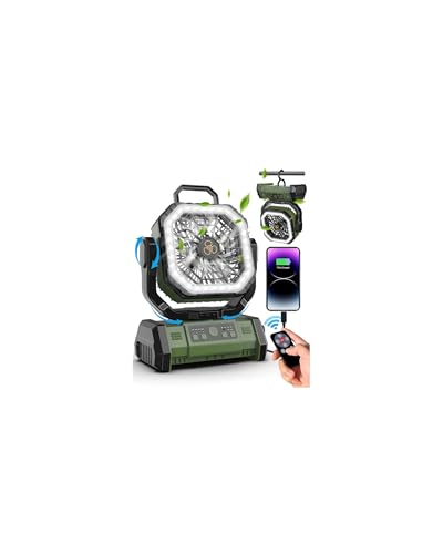 Spopal Ventilador de Camping, [Rotación de 270 °] [20000mAh] Ventilador Recargable Con Remoto, Temporizador, Batería Externa, Luz LED, 4 Velocidades, para Oficinas Tienda Viaje Corte de Energía-Verde