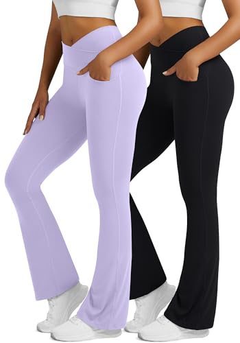 Image of Flare Leggings for Women with Pockets 2pack High Waisted Crossover Flare Leggings Bootcut Yoga Pants
