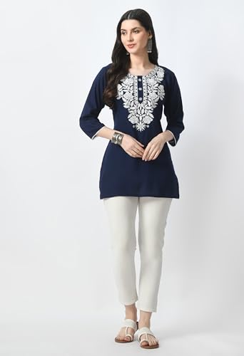 Image of LIBOZA Kurti for Women - Short Chikankari Kurtis for Girls, Lakhnawi Tunic Top Kurta Design for Ladies, Woman Ethnic Kurthis & Shirt with Sleeve