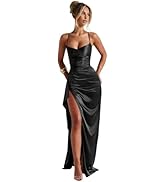 BOLENSYE Ruffle Satin Prom Dresses for Women Spaghetti Strap Bridesmaid Dress with Slit Long Form...