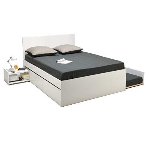 Lit double ALPHA 140x190 + 2 tiroirs + tiroir lit 90x190 avec sommier + chevet / Blanc