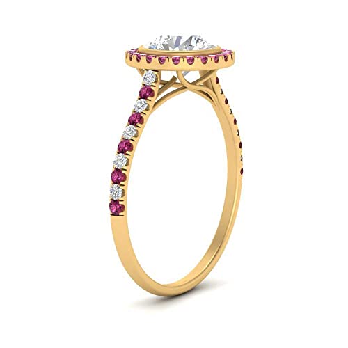 Image of 55Carat Choose Your Gemstone Bezel Round Halo Pave Diamond CZ Ring Yellow Gold Plated Round Shape Halo Engagement Rings Everyday Jewelry Wedding Jewelry Handmade Gifts for Wife US Size 4 to 12