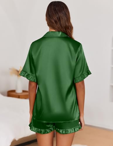 Image of Ekouaer Satin Pajama Set for Women Button Down Silk 2 Piece Pj Sets Ruffle Short Sleeve Sleepwear