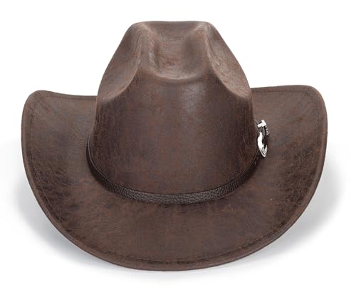 Fgss Women-Men Classic-Western Cowboy-Hat - Wide-Brim Pu Leather Cowgirl Cap Fedora Hats With Buckle Outback For Outdoor Brown thumb #1