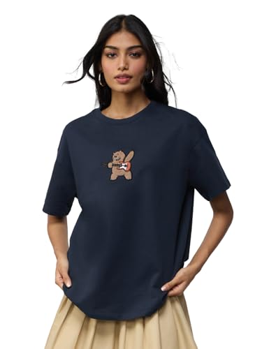Image of The Souled Store We Bare Bears: Rockstar Women and Girls Short Sleeves Round Neck Blue Embroidered Cotton Lightweight Streetwear Casual Oversized T-Shirt