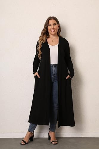 Women Plus Size Floor Length Open Front Drape Cardigan Lightweight Long Sleeve Maxi Duster with Pockets 1X-5X2