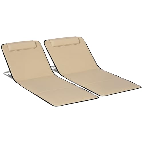 Outsunny Set of 2 Foldable Garden Beach Chair Mat Lightweight Outdoor Sun Lounger Seats Adjustable Back Metal Frame PE Fabric Head Pillow w/Carry Bag, Beige
