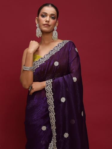 Image of AKHILAM Women's Tissue Embellished Saree With Unstitched Blouse Piece (RANI4701 RN Parent)