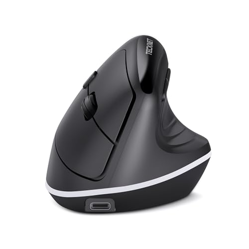 TECKNET Ergonomische Maus, Kabellose Bluetooth Vertikale Maus (2 × BT5.0 + 2,4 GHz), Wiederaufladbar, 4800 DPI, 6 Tasten, Multi-Device Optische Funkmaus für PC, Laptop, Mac, Windows/macOS, Schwarz