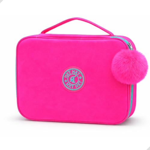 Estojo Escolar Grande em Nylon Cores Neon, possui Espaço para 100 lápis, 24 Elásticos Organizadores, 3 Compartimentos, com pompom Removível e ziper, 23x15cm (Pink Neon com Pompom)