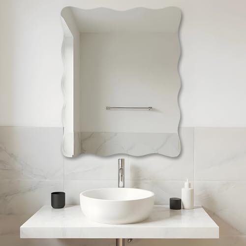 Image of Amazon Basics Frameless Rectangular Glass Wave Wall Mount Mirror with Beveled Edges - Decorative Bathroom, Bedroom, Living Room, Dressing Room & Entryway Mirror - 45 x 0.4 x 60 cm