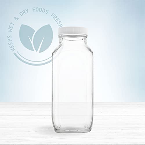 kitchentoolz 16oz Square Glass Milk Bottles with Airtight Plastic Lids &ndash; Pack of 4 | Reusable Milk Containers for Fridge & Lunchbox Storage &ndash; Ideal for Dairy, Smoothies, Juice, Water & More