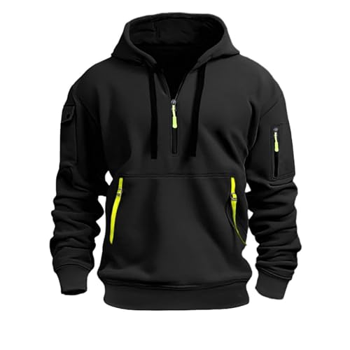 Mens Hoodies Pullover Trendy Quarter Zip Casual Hooded Sweatshirt Drawstring Long Sleeved with Pockets Pullover Tops
