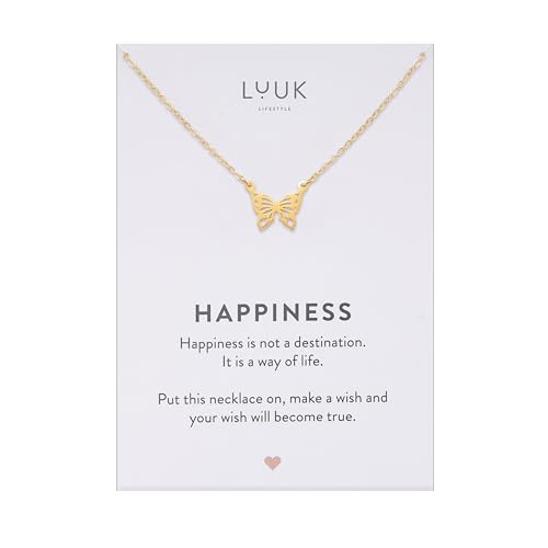 LUUK LIFESTYLE Collier avec pendentif papillon en acier inoxydable (50 cm), carte HAPPINESS, idée cadeau pour femme, anniversaire, Noël, porte bonheur,...