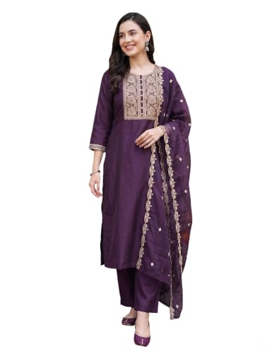 Image of INDO ERA Women's Silk Blend Embroidered Straight Kurta Pant with Dupatta Set