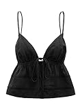 Verdusa Women's Peplum Crop Top Tie Front V Neck Spaghetti Strap Flared Cami Top Black S