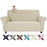 ZNSAYOTX Super Stretch Loveseat Covers (57'-70'), New Striped Love Seat Slipcover, Dogs Pet Friendly Anti-Slip Couch Protector Spandex Durable 2 Seater Fabric Sofa Cover (Khaki, Loveseat)