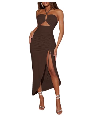SOLY HUX Women's Cut Out Ruched Halter Dress High Split Drawstring Bodycon Maxi Vacation Dresses
