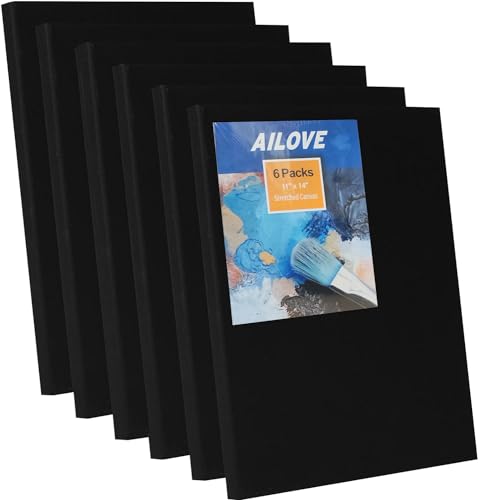 AILOVE Black Canvas 11x14 Inch 6-Pack 100% Cotton Primed Acid-Free Stretched Black canvases for Painting Art Supplies for Acrylic Pouring Oil Painting and Watercolor Paints