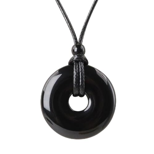 YJTSWDXY Natural Gemstone Pendant Necklce Lucky Coin Crystal Necklace Donut Pendnat with Adjustable Rope Reiki Healing Crystal for Men Women (Black obsidian)