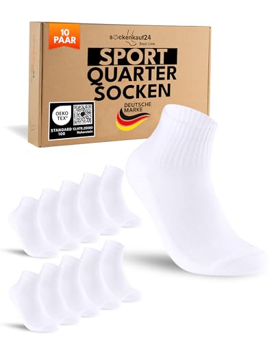 sockenkauf24 10 Paar kurze Sportsocken Herren Weiß 39-42 Quarter Tennissocken Damen Atmungsaktive Baumwolle