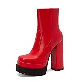 woileRQ Women's Herbst/Winter Chunky Heels Plattform Dicker Stiefeletten, Mode Plus Größe Kurze Stiefel, Hochzeit Party Kleid High Heels,Rot,39