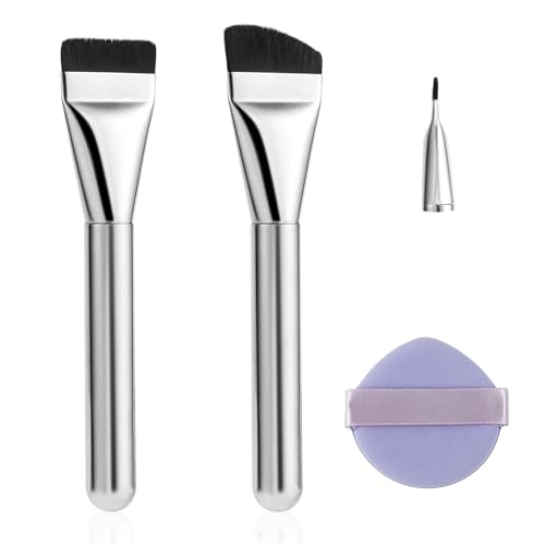 3pcs Foundation Brush Sets, with Makeup Puff Angled Makeup Blade Bristles Perfect for Blending Liquid Cream Foundation Concealer Applicator Cosmetics Flawless Makeup Face Brush Tools