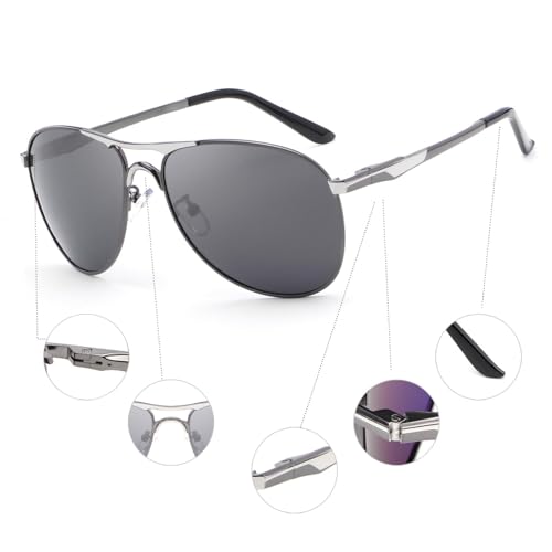 Image of Polarized Aviator Sunglasses for Men | Alloy Frame UV Protected Anti-Glare Goggles for Outdoor Driving Riding Fashion Beach | Stylish Sunglasses for Men | Silver Gun Black (Large)