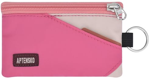 Image of RFID Blocking Travel Wallet with Adjustable Lanyard, Small Nylon Zipper Pouch and Badge Holder for ID, Credit Cards, Cash, Keys, Commuters (Pink+Almond)