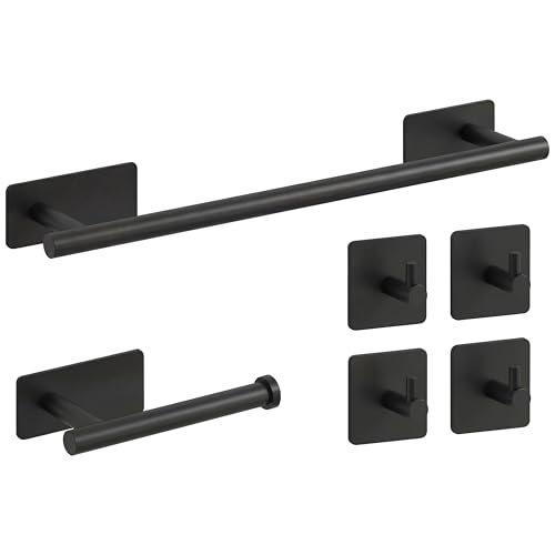 Set Accessori Bagno Nero Opaco Adesivi – Inox 304 – Porta Asciugamani, Porta rotolo, Ganci – Adesivo 3M VHB – Senza Fori – (6 Pezzi)