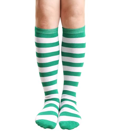 Image of XIHIRCD 2 Pairs Thigh High Socks, Cotton Striped Socks St. Patrick's Day Thigh High Socks Green and White Striped Socks Long Socks Sports Socks Thigh High Stockings for Women Girls